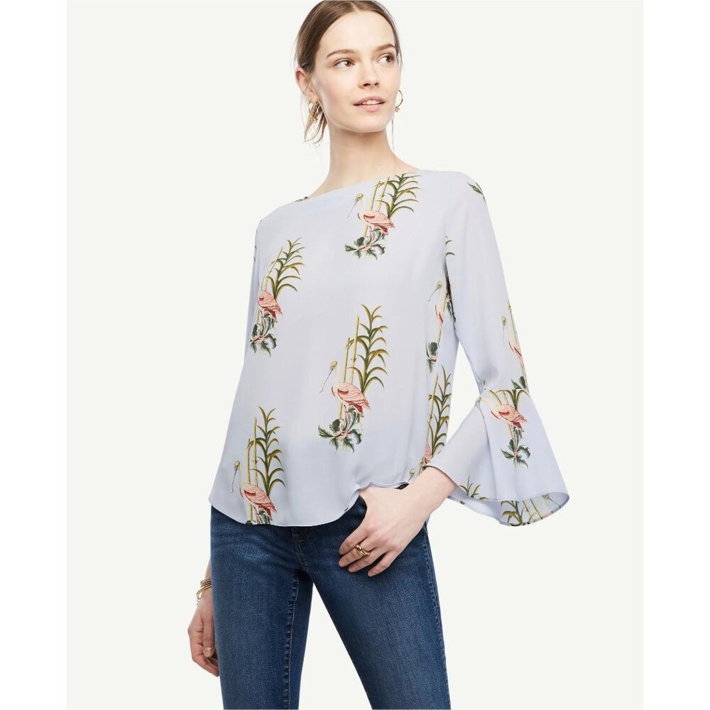 Ann Taylor Blue Pelican Blouse Bell Sleeves Chiffon Top Flamingo Size XS Shirt